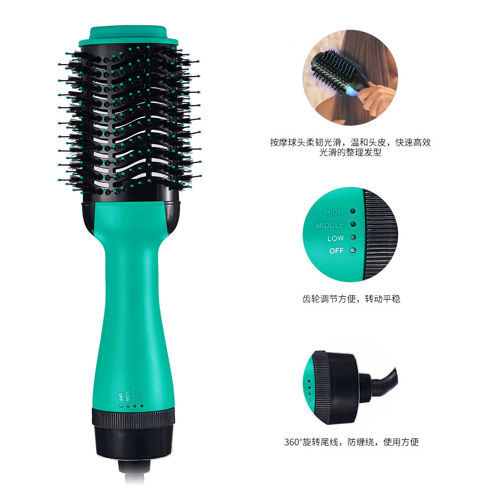 Turquoise hair styling tool with bristle brush head and control panel on a white background